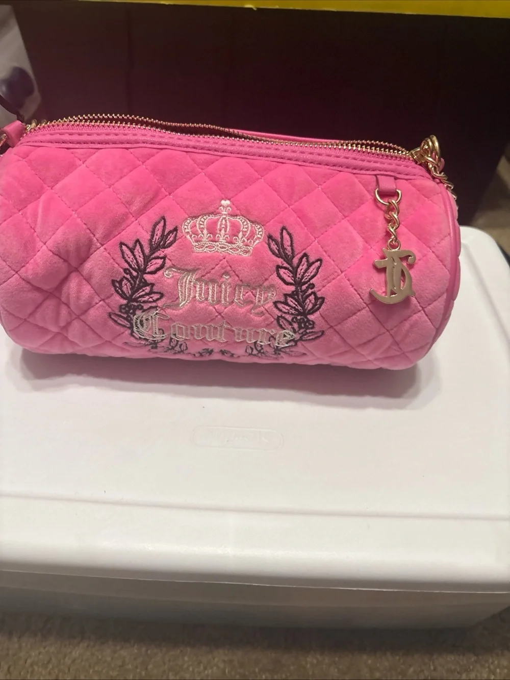 Juicy Couture Hot Pink Quilted Velvet Cosmetic Case with Gold Charm
